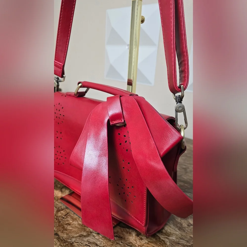 Walsa Red Bow Crossbody Satchel Bag Floral Cutout Top Handle Purse